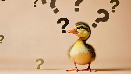 Curious confused duckling staring at floating question marks, isolated on a soft peach background, tilting its head while trying to make sense of what's going on around.