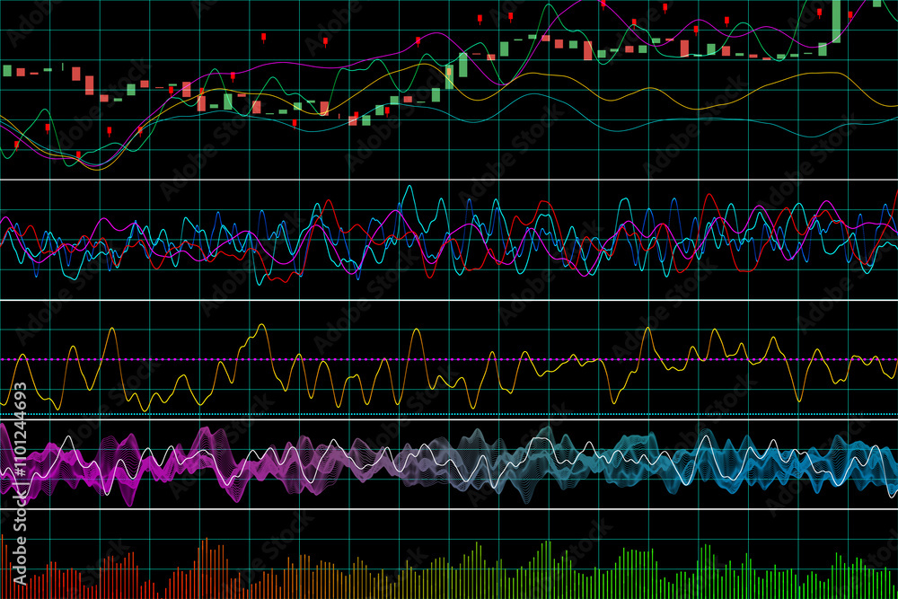 Poster Financial chart analytics and stock market data analysis concept with front view on lots of digital graphs and candlestick dark technological background. 3D rendering