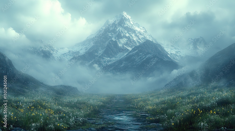 Poster magical peak with misty fog rendering