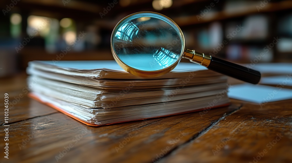 Poster magnifying glass and a stack of report paper documents concept of business and searc