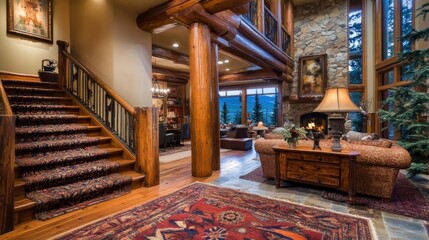 Naklejka premium Cozy Rustic Mountain Cabin Interior with Wooden Beams and Stairs