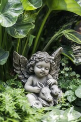 Fototapeta premium Serene cherub angel cradles fawns amidst lush greenery.