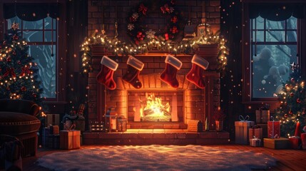 Cozy and inviting Christmas fireplace scene with lit fireplace hanging gifts and holiday decor in a warm and festive winter home interior