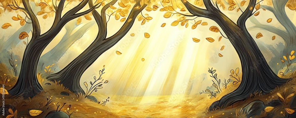 Poster a serene autumn forest scene with golden leaves and soft sunlight filtering through trees.