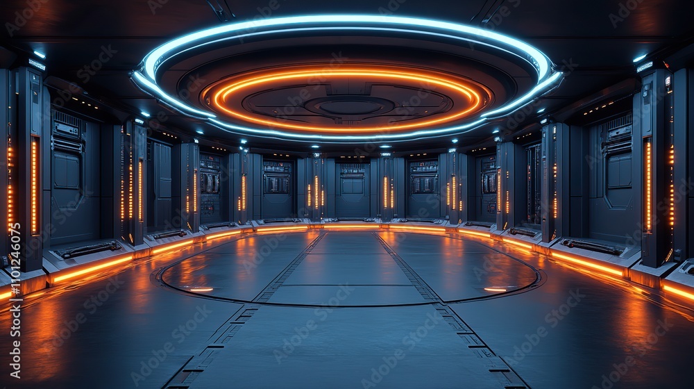 Poster mechanical arm and empty stage in the round room rendering