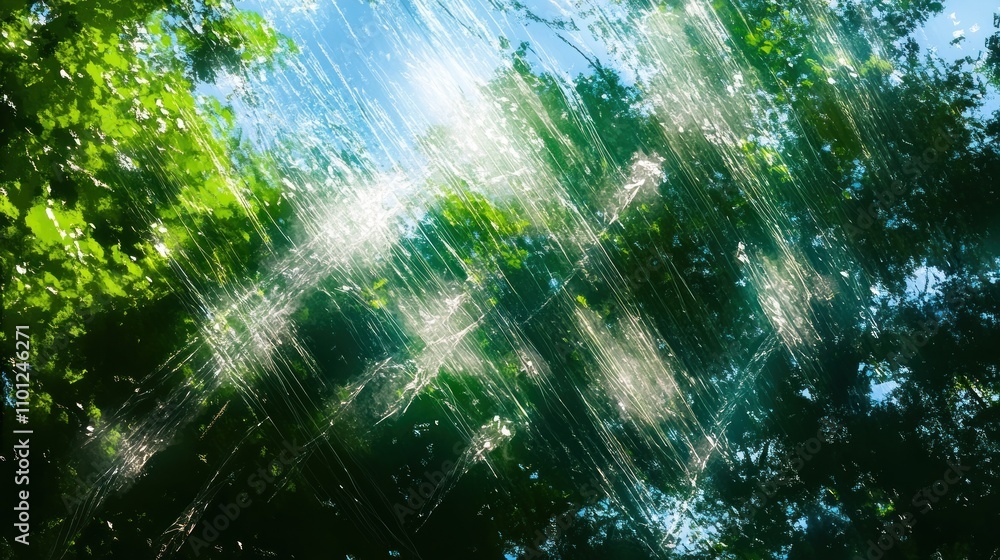 Poster a serene view of sunlight filtering through leaves, creating a shimmering effect.