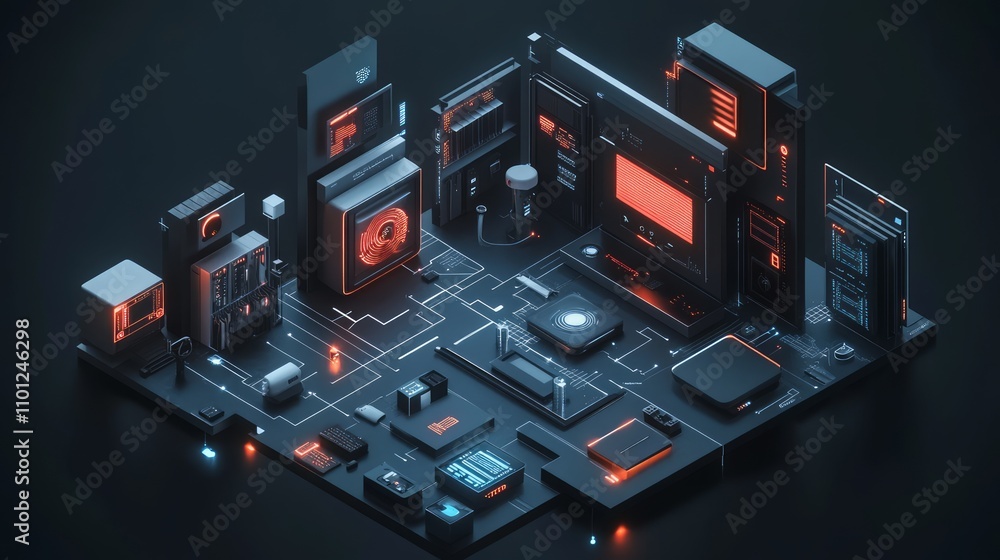 Poster isometric illustration of a complex technological system with glowing components.