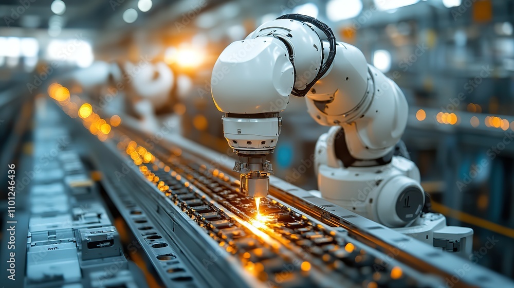 Poster mechanized industry robot and robotic arms for assembly in factory production concept of artificial 