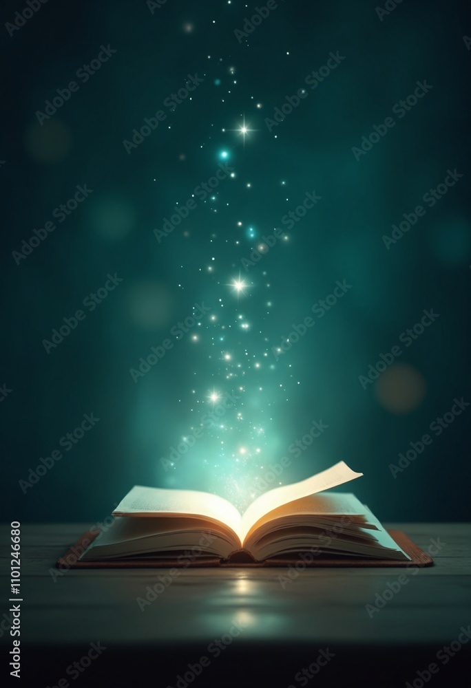 Poster Mystery open book with shining light fantasy book with magic light and stars on a table with teal background