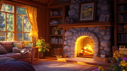 Obraz premium Cozy Autumn Evening in a Rustic Mountain Cabin