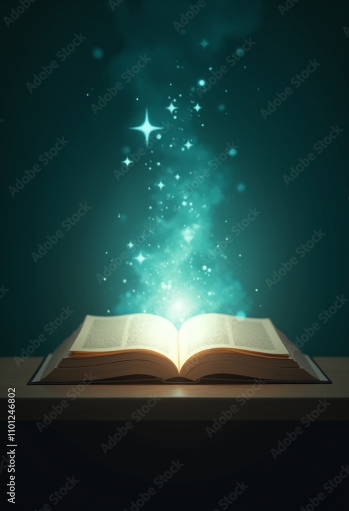 Poster Mystery open book with shining light fantasy book with magic light and stars on a table with teal background