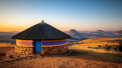 Scenic South African landscape featuring a traditional Ndebele hut bathed in the golden light of sunset
