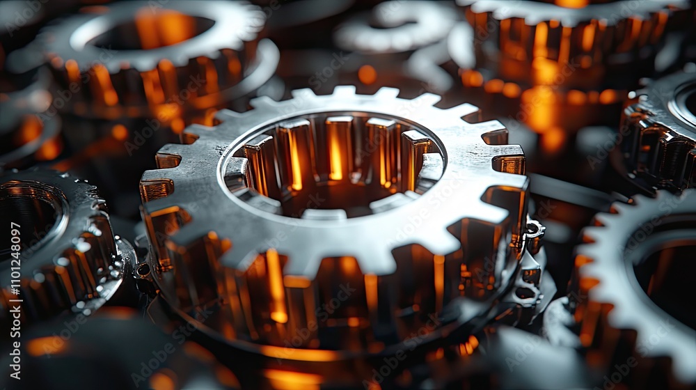 Poster meshing mechanical gears metallic parts rendering