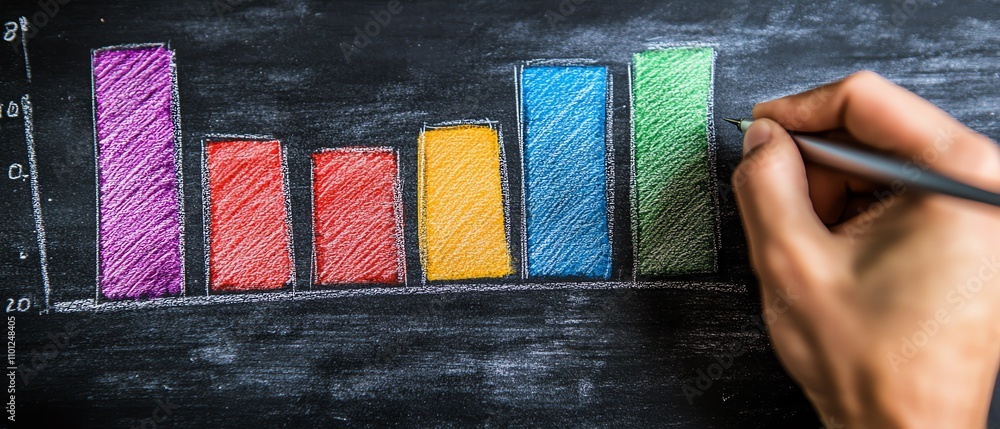 Aufkleber closeup of a hand drawing a multicolored bar graph on a chalkboard, holding a pen, symbolizing data 
