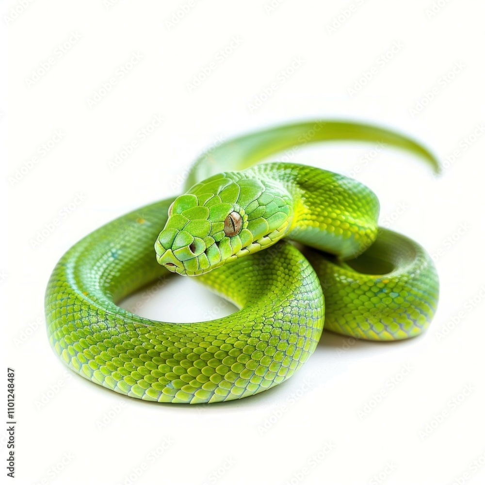 Poster bright green tree python is coiled up and resting on a plain white background