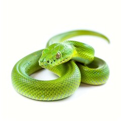 Fototapeta premium Bright green tree python is coiled up and resting on a plain white background