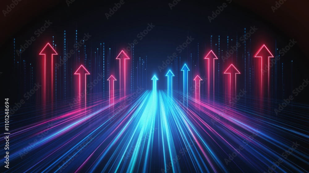 Poster a collection of red and blue glowing arrows ascend against a dark backdrop, symbolizing growth, inno