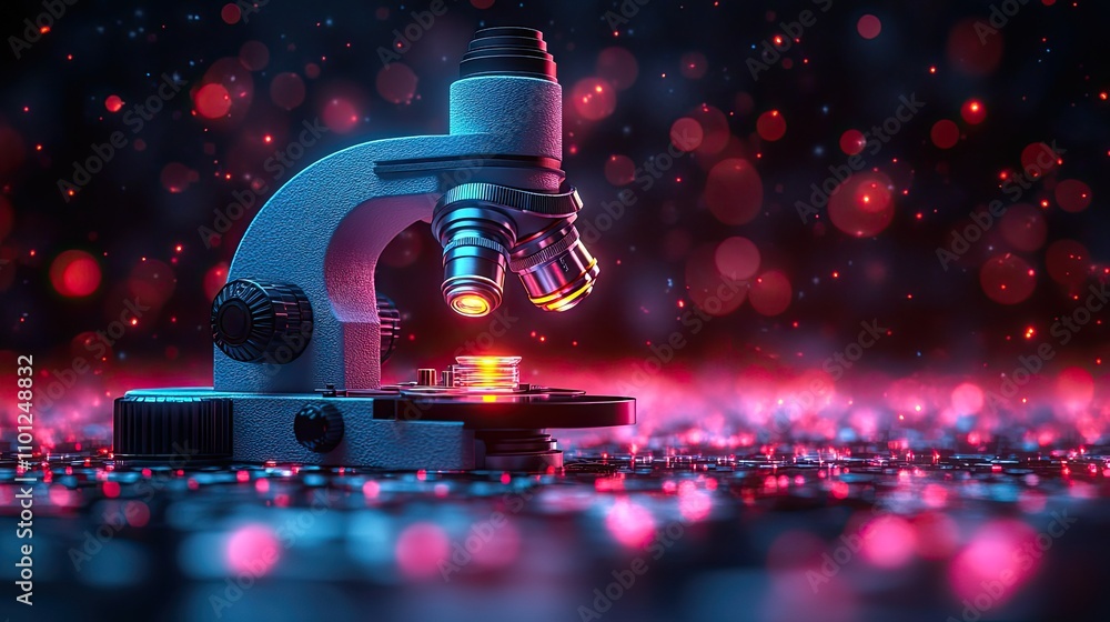 Poster microscope with dark neon light effect rendering