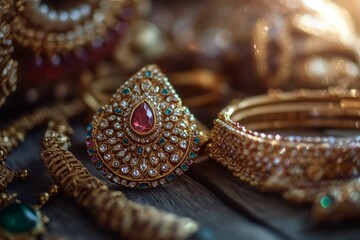 Fototapeta premium Ornate gold jewelry, sparkling gems.