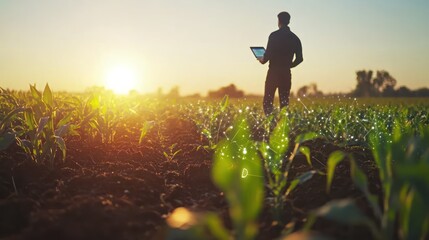farmer using digital tablet in corn crop cultivated field with smart farming interface icons and light flare sunset effect. Smart and new technology for agriculture business concept
