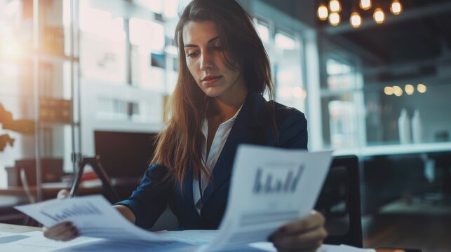 A businesswoman sitting at a desk, reviewing financial statements with a focused expression, The office is modern and well-lit