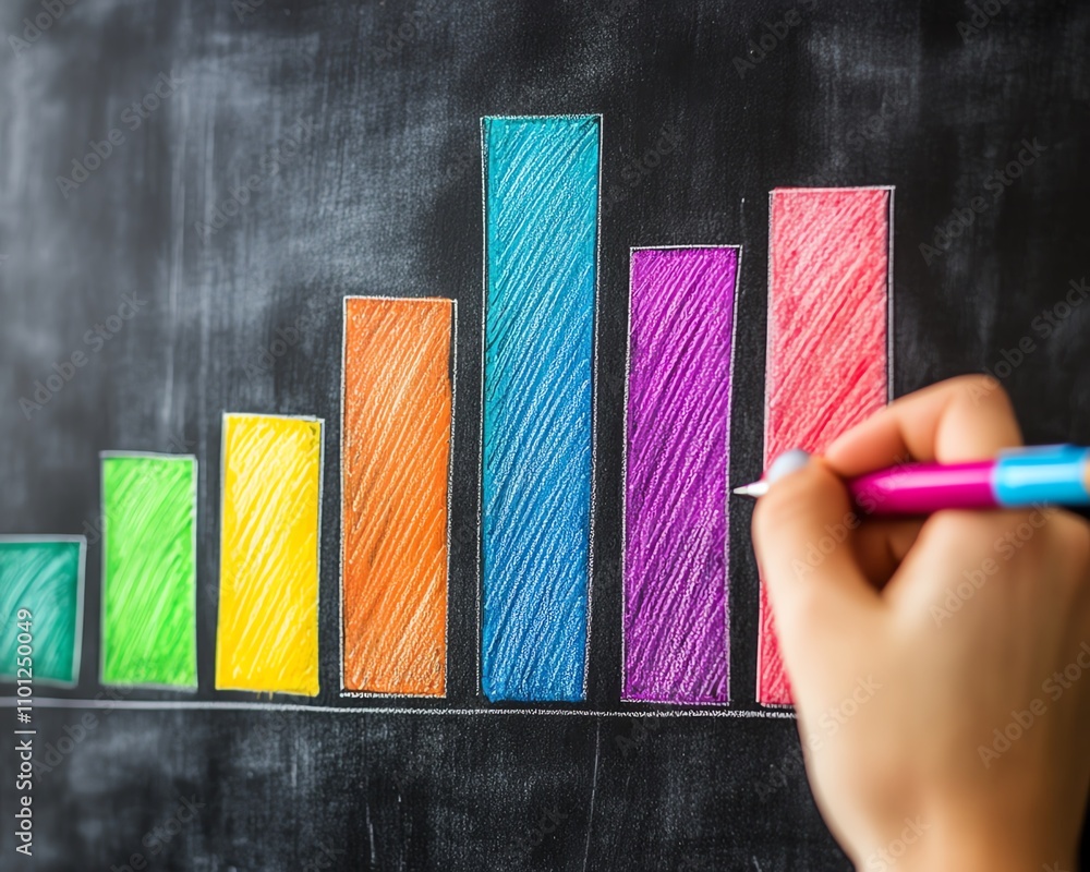 Leinwandbilder Hand drawing a colorful bar graph on a chalkboard, with a pen in hand, representing data analysis and creative thinking