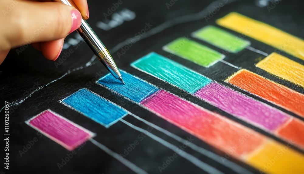 Poster hand drawing a colorful bar graph on a chalkboard, with a pen in hand, representing data analysis an