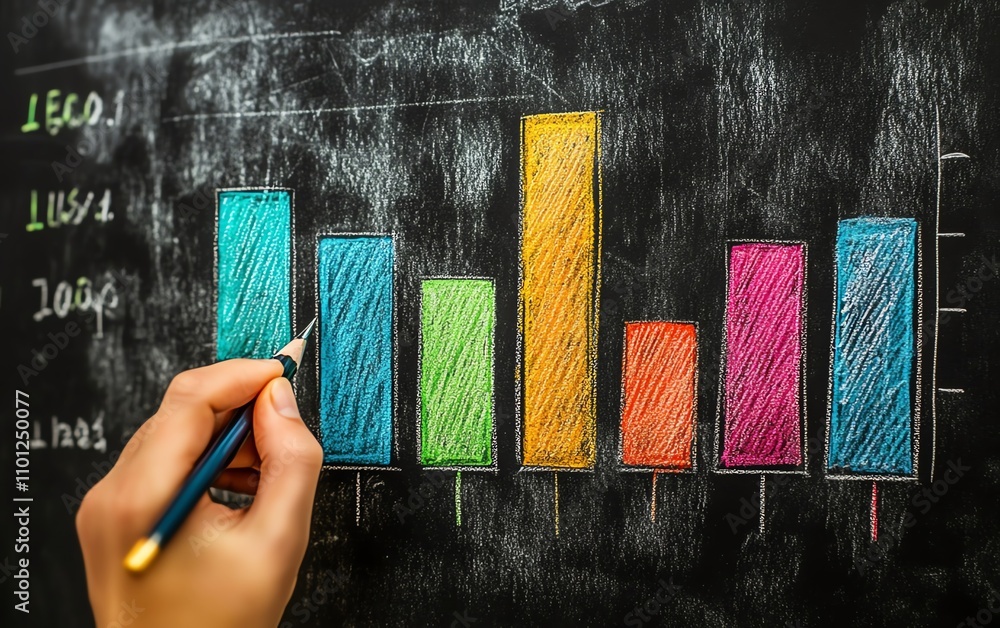 Poster hand drawing a colorful bar graph on a chalkboard, with a pen in hand, representing data analysis an