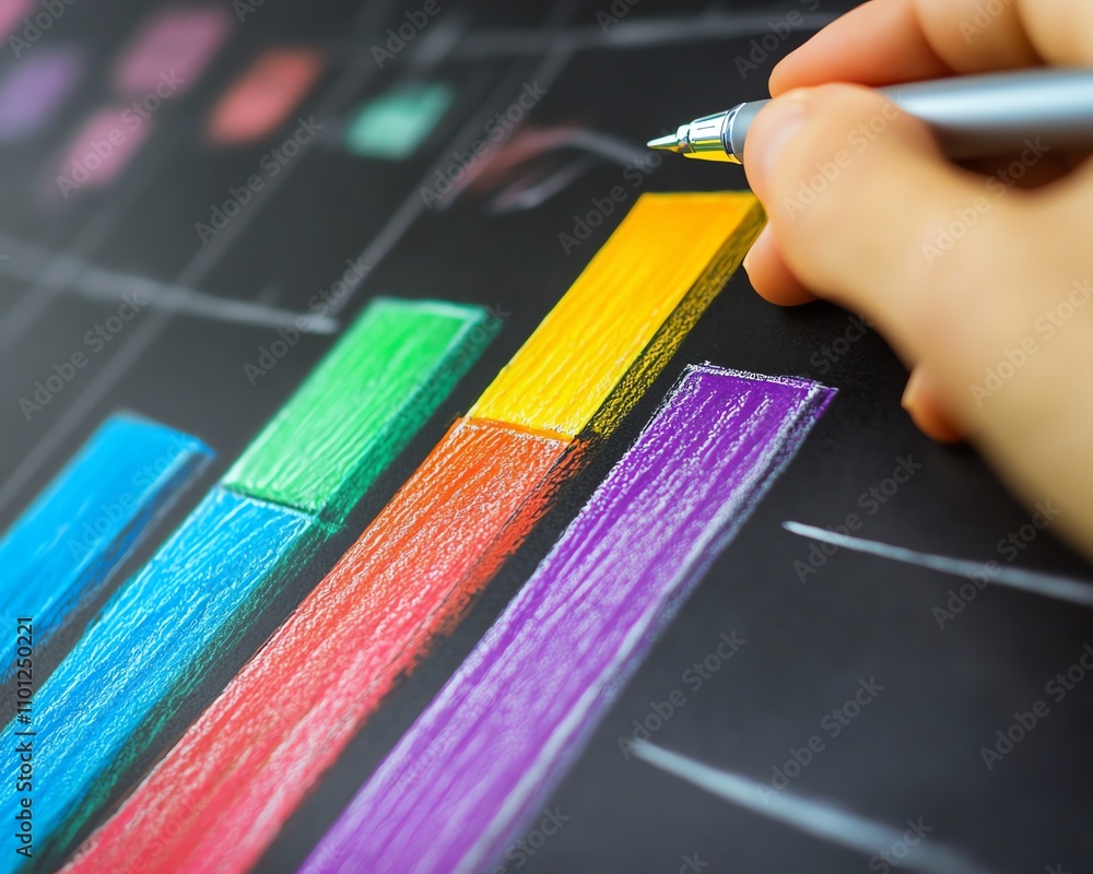 Fototapete hand drawing a colorful bar graph on a chalkboard, with a pen in hand, representing data analysis an