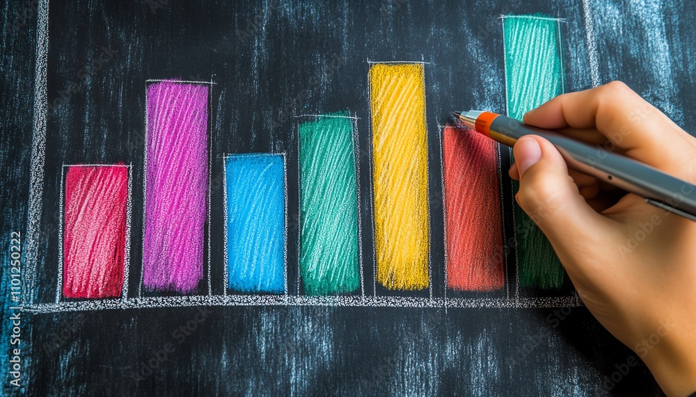 Poster hand drawing a colorful bar graph on a chalkboard, with a pen in hand, representing data analysis an