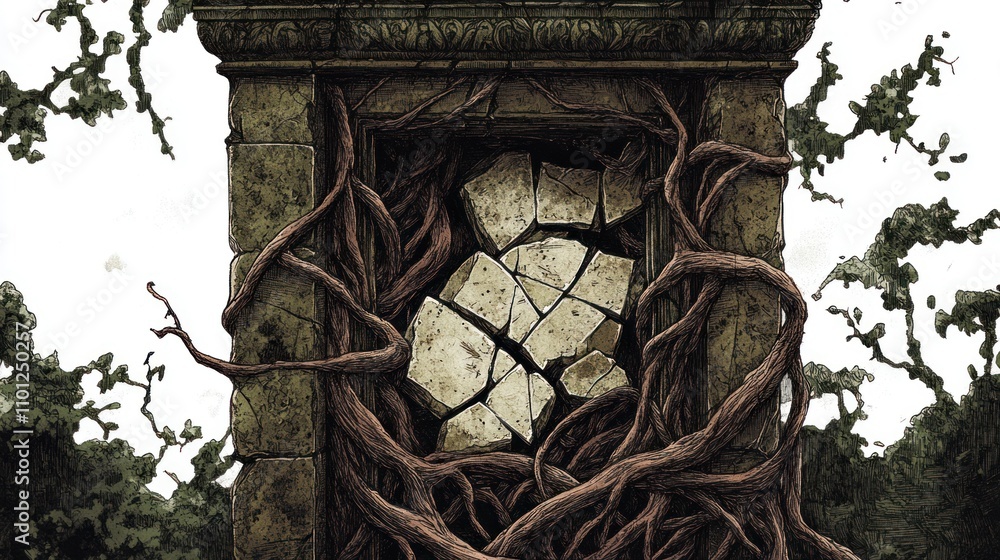 Poster an ancient stone structure enveloped by twisted roots and broken fragments.