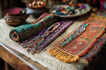 Colorful textiles, beaded necklaces, artisan crafts.