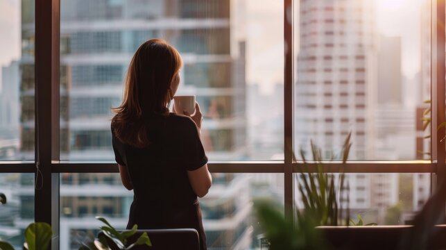A businesswoman standing at a large window in a high-rise office, looking out at the city skyline, She is holding a cup of coffee and appears to be deep in thought