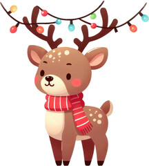 cute reindeer with holiday lights isolated on white background