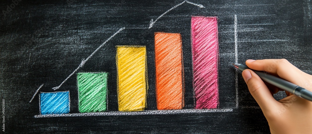 Aufkleber hand with a pen drawing a vibrant bar graph on a chalkboard, symbolizing the growth and analysis of 