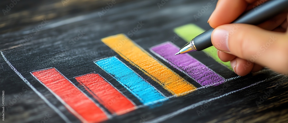 Aufkleber hand with a pen drawing a vibrant bar graph on a chalkboard, symbolizing the growth and analysis of 