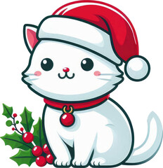 christmas cat with santa hat isolated on white background