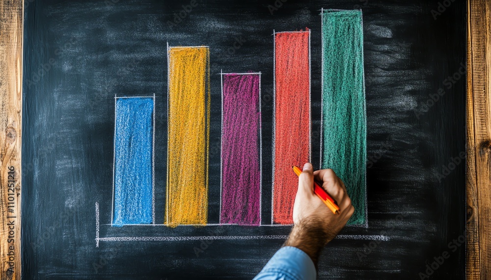 Aufkleber man drawing a colorful bar graph with chalk on a rustic chalkboard, symbolizing analysis, strategy, 