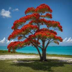A royal poinciana tree in full red bloom with a backdrop of a blue sky and turquoise sea.