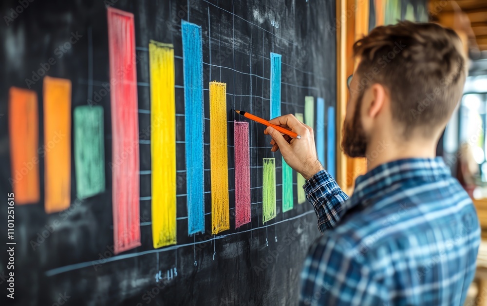 Fototapete Man drawing a graph on a chalkboard with colorful bars in a rustic setting, symbolizing business analysis and creativity
