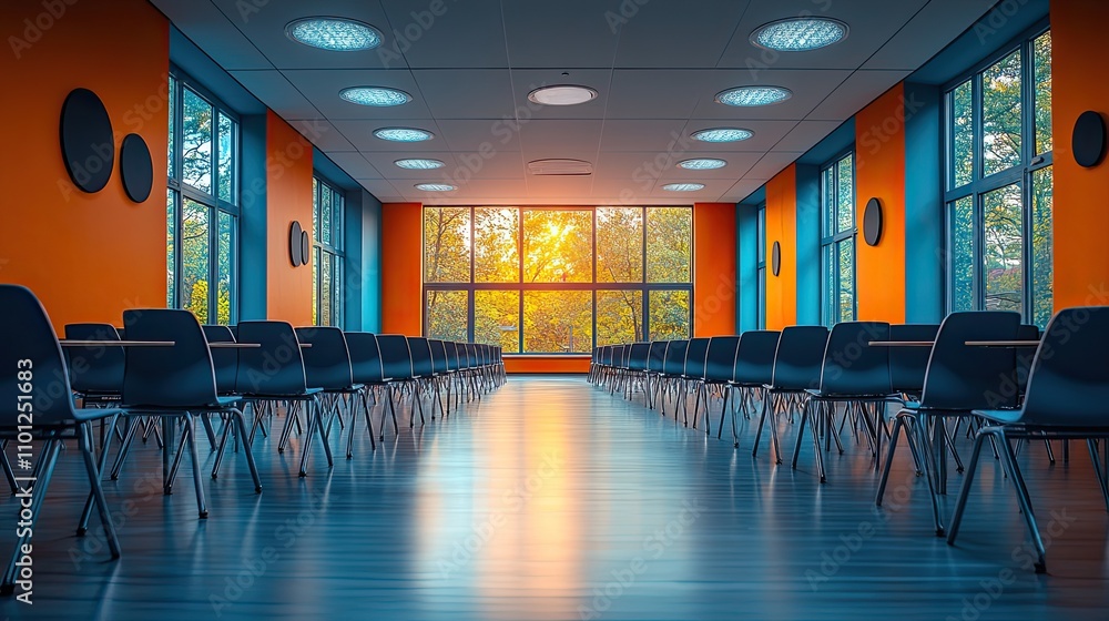 Poster modern university classroom empty of both students and facult