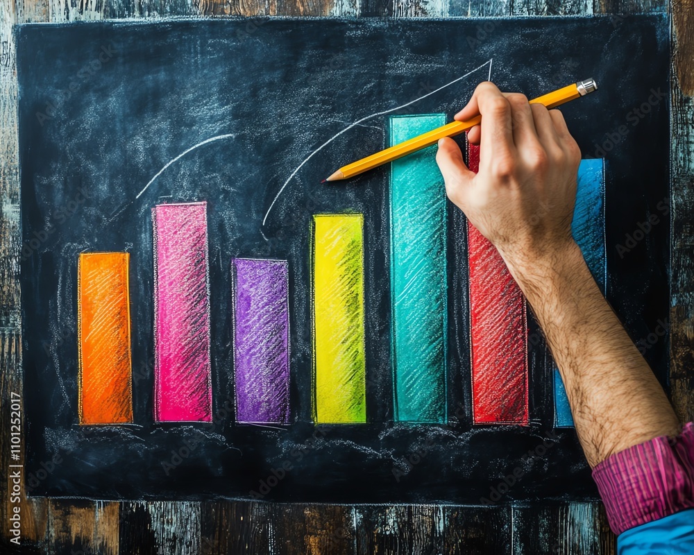 Fototapete Man sketching a vibrant bar graph on a chalkboard with colorful bars in a rustic setting, symbolizing progress and business planning