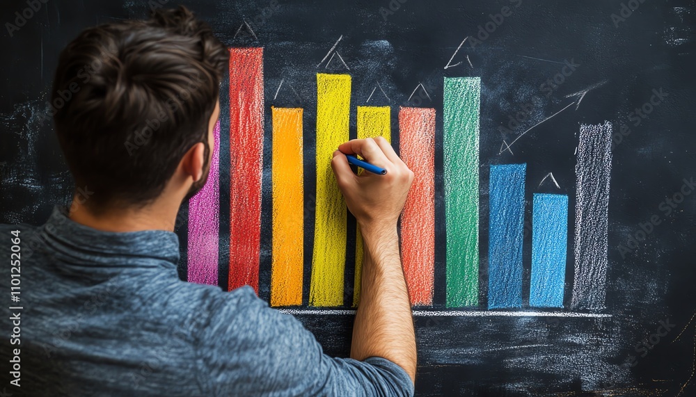 Aufkleber Man sketching a vibrant graph with colorful bars on a rustic chalkboard, symbolizing data insights and strategic decisionmaking