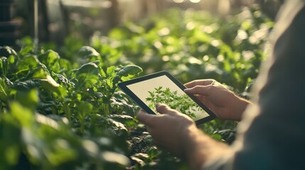 Smart Automation AI farming agriculture concept. Man hands holding tablet on blurred organic hydroponic vegetable garden as background