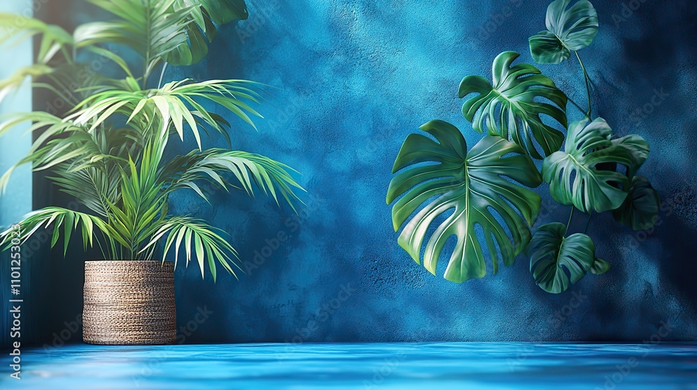 Poster monstera with blue structure lines rendering