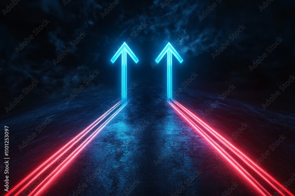 Poster two vibrant, glowing arrows in vivid red and blue are oriented upward, each indicating a different c