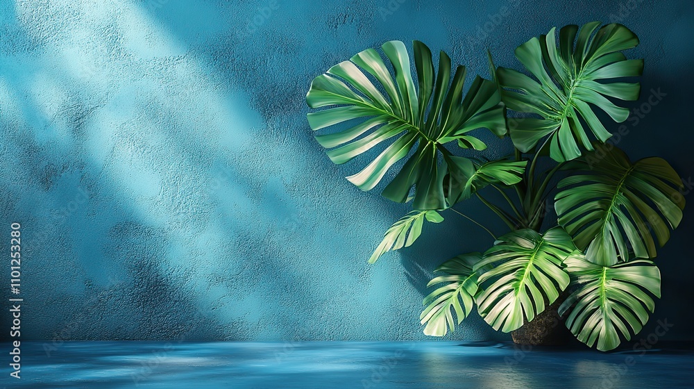 Poster monstera with blue structure lines rendering