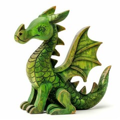 Fototapeta premium Green wooden dragon toy with big wings and tail sitting on white background