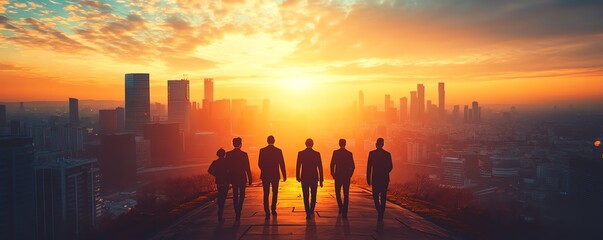 Fototapeta premium Silhouetted business team walking towards a futuristic cityscape at sunset, symbolizing innovation, progress, and teamwork