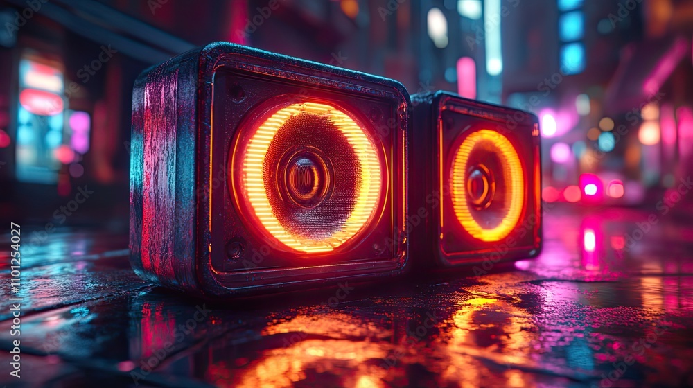 Poster music sound box with dark neon light effect rendering